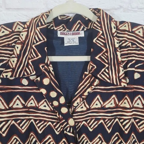 Y Maggy London Vintage Navy Button Down Midi Dress Women's Size 16 Tribal Belted