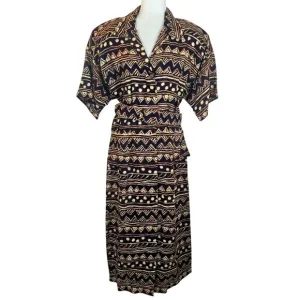 Y Maggy London Vintage Navy Button Down Midi Dress Women's Size 16 Tribal Belted