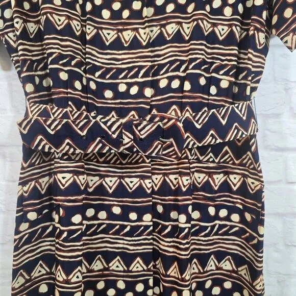 Y Maggy London Vintage Navy Button Down Midi Dress Women's Size 16 Tribal Belted