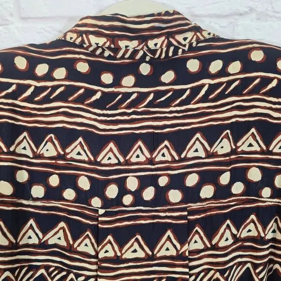 Y Maggy London Vintage Navy Button Down Midi Dress Women's Size 16 Tribal Belted