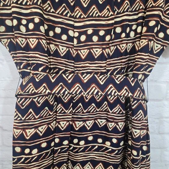 Y Maggy London Vintage Navy Button Down Midi Dress Women's Size 16 Tribal Belted