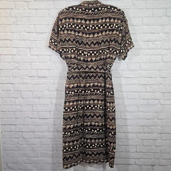 Y Maggy London Vintage Navy Button Down Midi Dress Women's Size 16 Tribal Belted