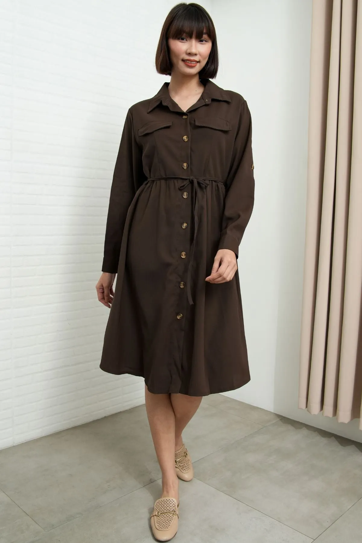 ZOYA Long-Sleeve Buttondown Shirt Dress (Chocolate Brown)