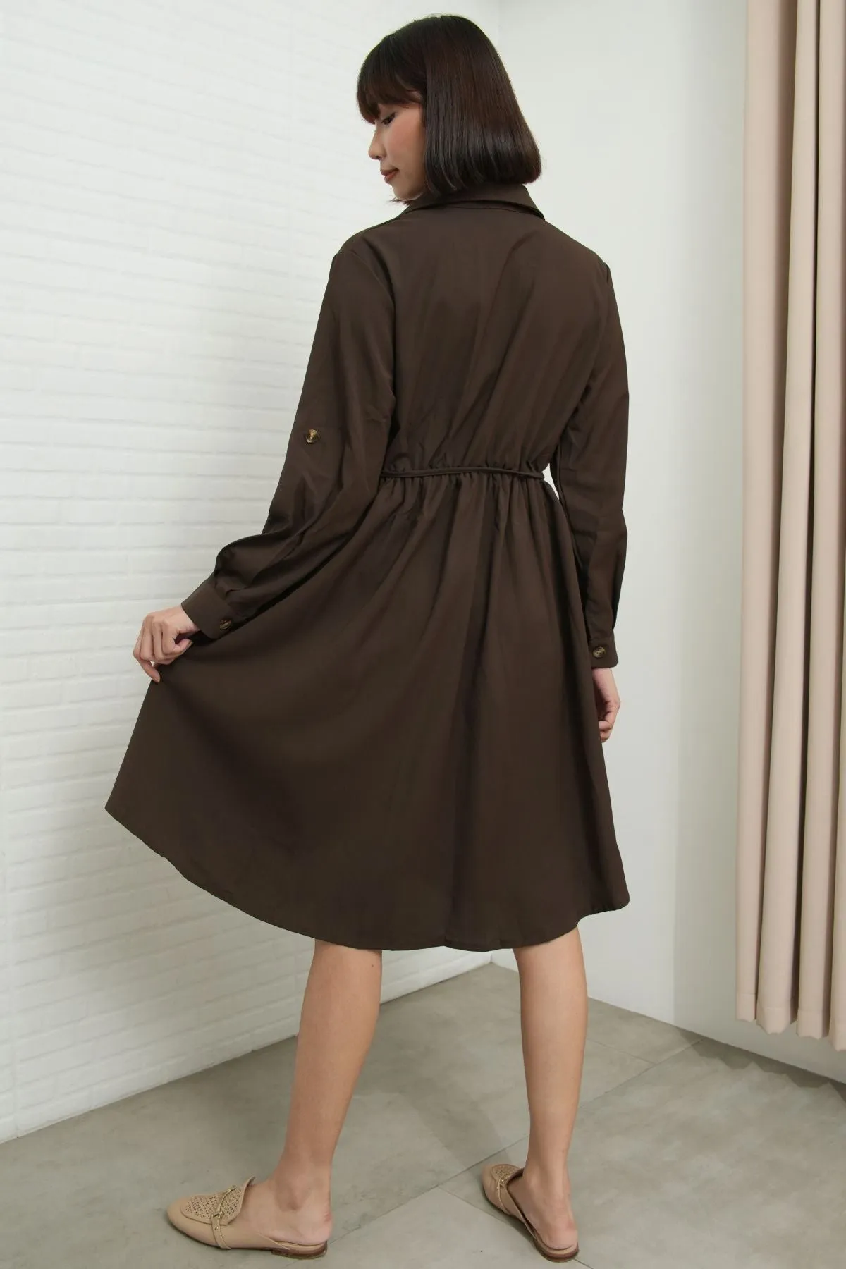 ZOYA Long-Sleeve Buttondown Shirt Dress (Chocolate Brown)